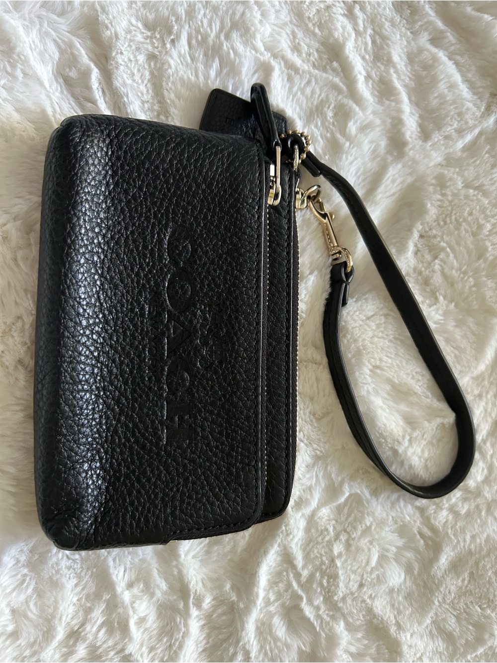 Coach Black Pebbled Leather Wristlet with Gold Hardware